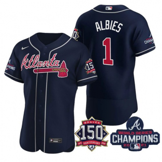 Men's Navy Atlanta Braves #1 Ozzie Albies 2021 World Series Champions With 150th Anniversary Flex Base Stitched Jersey