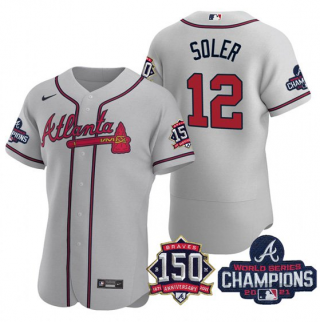 Men's Grey Atlanta Braves #12 Jorge Soler 2021 World Series Champions With 150th Anniversary Flex Base Stitched Jersey