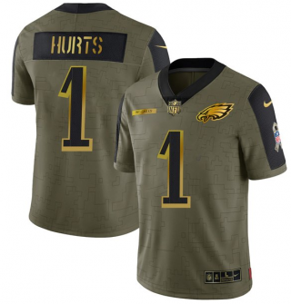 Men's Olive Philadelphia Eagles #1 Jalen Hurts 2021 Camo Salute To Service Golden Limited Stitched Jersey