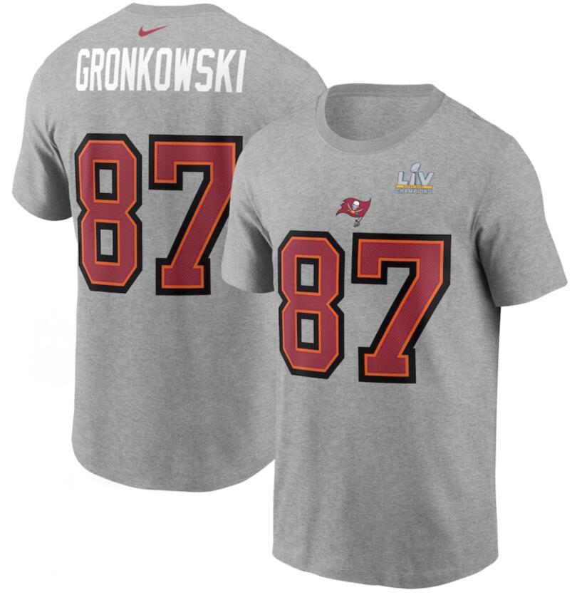 Men's Tampa Bay Buccaneers Rob Gronkowski Nike Heathered Gray Super Bowl LV Champions Name & Number T-Shirt