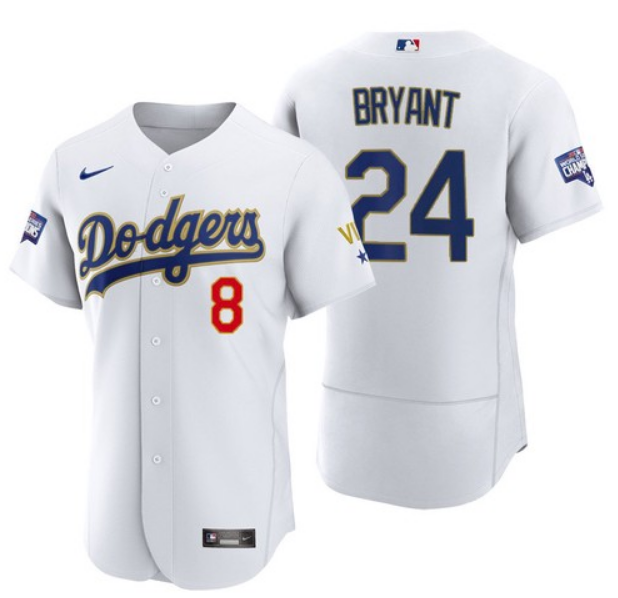 Men's Los Angeles Dodgers Front #8 Back #24 Kobe Bryant White Gold Championship Sttiched MLB Jersey