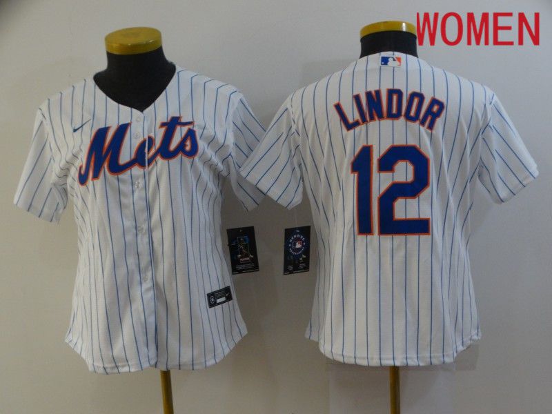 Women New York Mets 12 Lindor White stripe Game 2021 Nike MLB Jersey