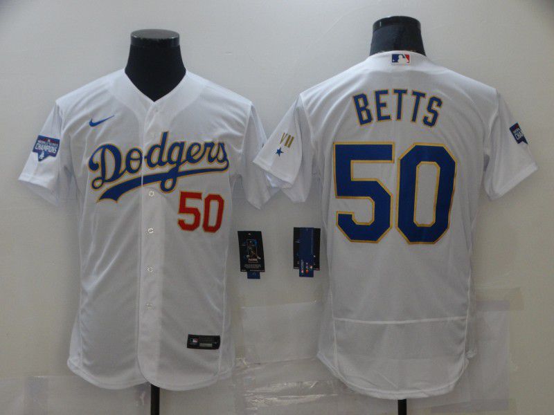 Men Los Angeles Dodgers 50 Betts Champion of white gold and blue characters Elite 2021 Nike MLB Jersey