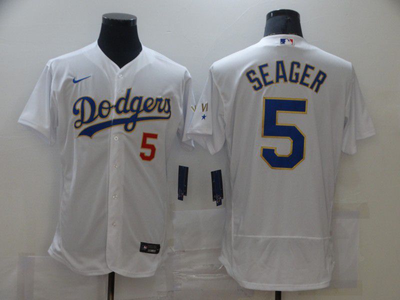 Men Los Angeles Dodgers 5 Swager Champion of white gold and blue characters Elite 2021 Nike MLB Jersey