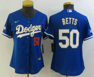 Women's Los Angeles Dodgers #50 Mookie Betts Red Number Blue Gold Championship Stitched MLB Cool Base Nike Jersey