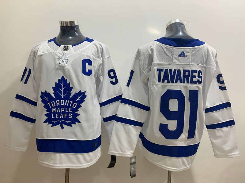 Men's Toronto Maple Leafs #91 John Tavares with C Patch White Road Stitched Adidas NHL Jersey