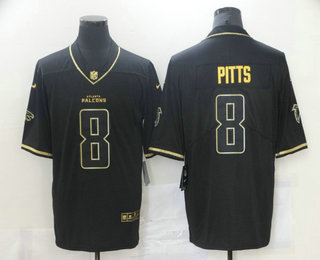 Men's Atlanta Falcons #8 Kyle Pitts Black 100th Season Golden Edition Jersey