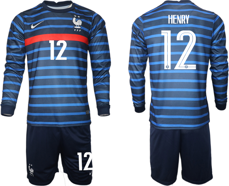 Men 2021 European Cup France home blue Long sleeve 12 Soccer Jersey