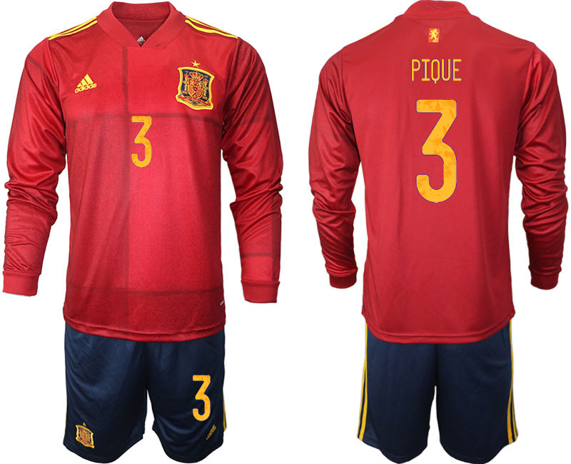 Men 2021 European Cup Spain home Long sleeve 3 soccer jerseys