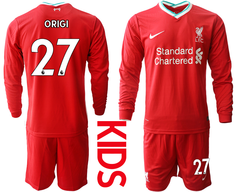 2021 Liverpool home long sleeves Youth 27 soccer jerseys