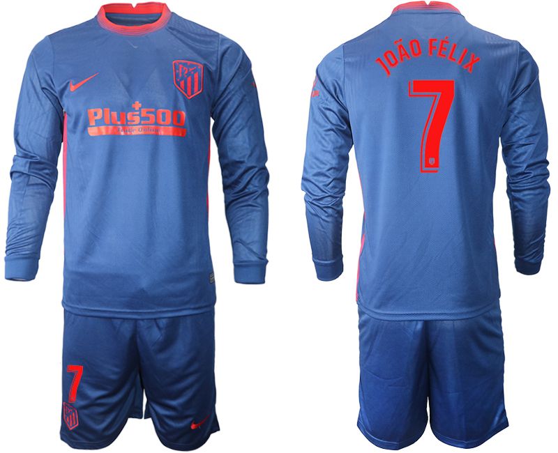 Men 2020-2021 club Atletico Madrid away long sleeves 7 blue Soccer Jerseys