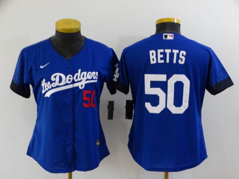 Women's Los Angeles Dodgers #50 Mookie Betts Blue 2021 City Connect Number Cool Base Stitched Jersey