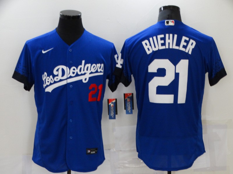 Men's Los Angeles Dodgers #21 Walker Buehler Blue 2021 City Connect Flex Base Stitched Jersey