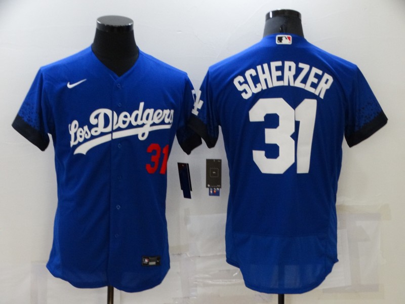 Men's Los Angeles Dodgers #31 Max Scherzer Blue 2021 City Connect Flex Base Stitched Jersey