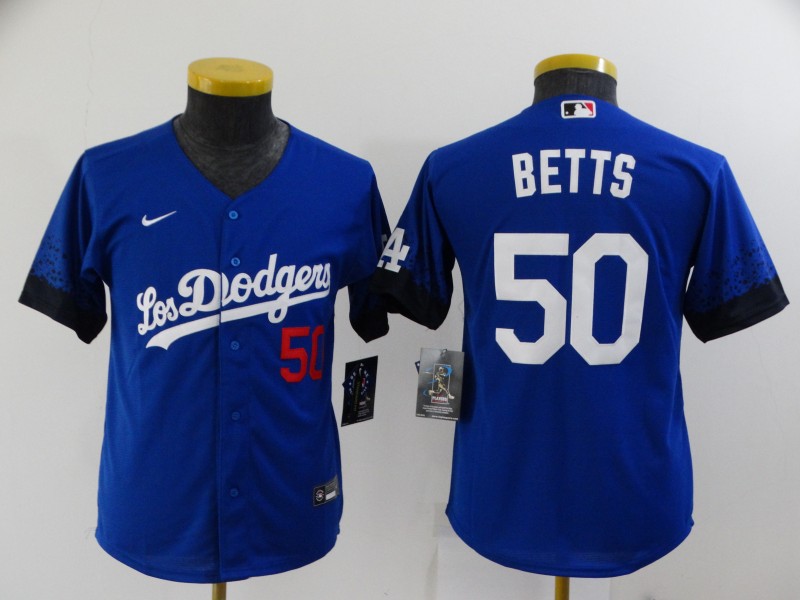 Youth Los Angeles Dodgers #50 Mookie Betts Blue 2021 City Connect Number Cool Base Stitched Jersey