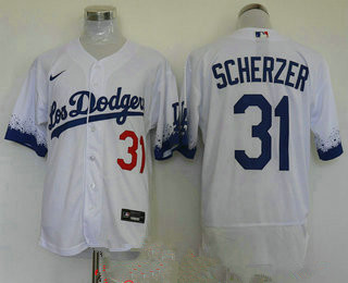 men's los angeles dodgers #31 max scherzer white 2021 city connect flex base stitched jersey