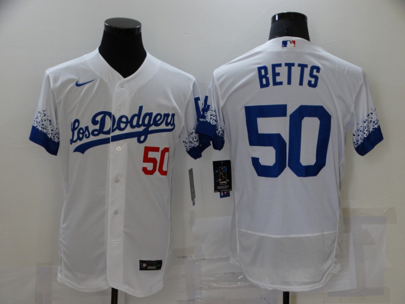 Men's Los Angeles Dodgers #50 Mookie Betts White 2021 City Connect Flex Base Stitched Jersey