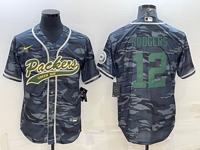 Men's Green Bay Packers #12 Aaron Rodgers Grey Green Camo With Patch Cool Base Stitched Baseball Jersey