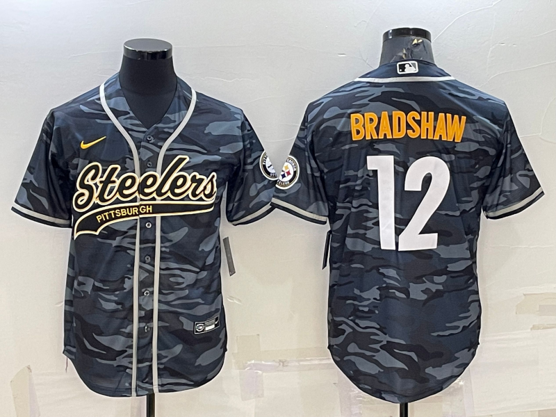 Men's Pittsburgh Steelers #12 Terry Bradshaw Grey Navy Camo With Patch Cool Base Stitched Baseball Jersey