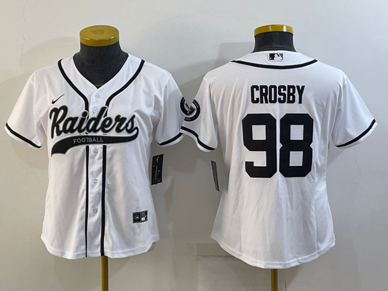 Women's Las Vegas Raiders #98 Maxx Crosby White With Patch Cool Base Stitched Baseball Jersey