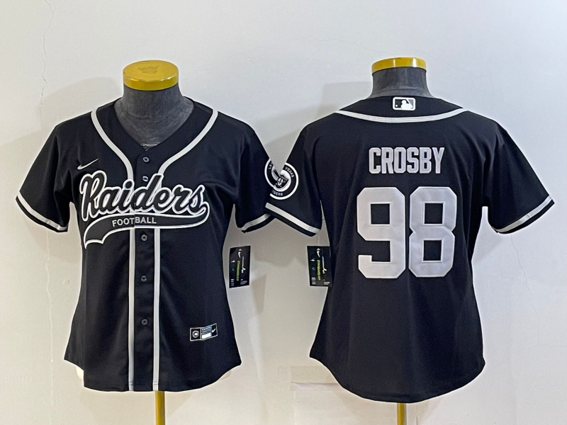 Women's Las Vegas Raiders #98 Maxx Crosby Black With Patch Cool Base Stitched Baseball Jersey