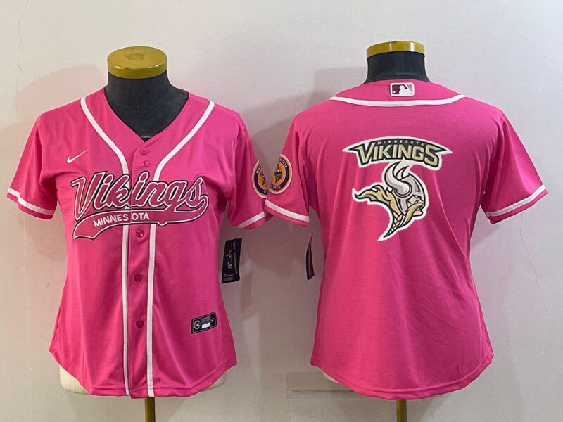 Women's Minnesota Vikings Pink Team Big Logo With Patch Cool Base Stitched Baseball Jersey