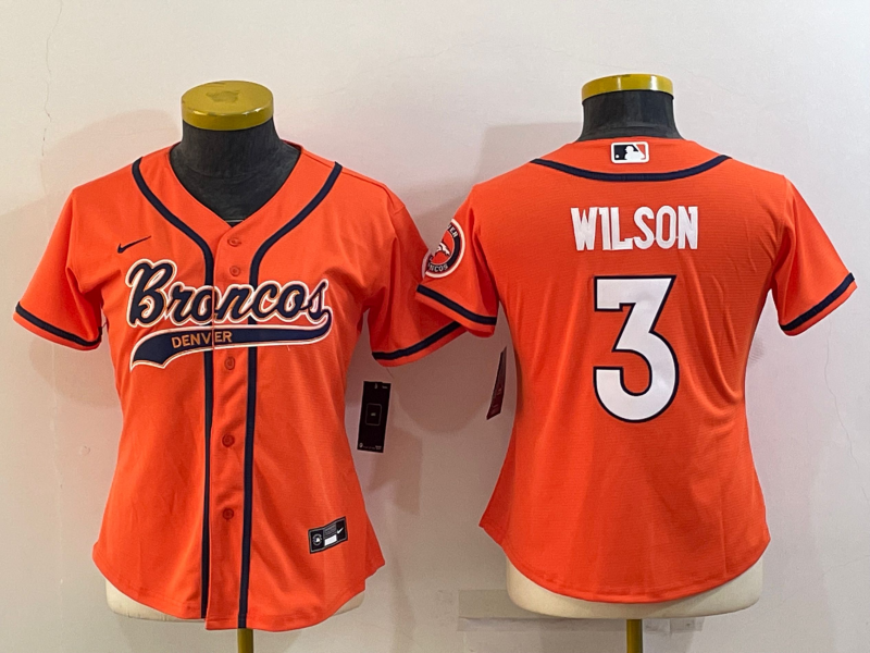 Women's Denver Broncos #3 Russell Wilson Orange With Patch Cool Base Stitched Baseball Jersey