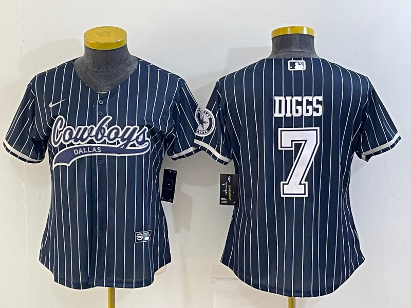 Women's Dallas Cowboys #7 Trevon Diggs Navy Blue Pinstripe With Patch Cool Base Stitched Baseball Jersey