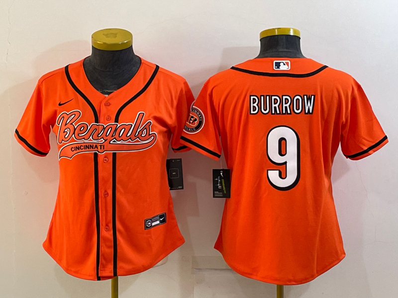 Women's Cincinnati Bengals #9 Joe Burrow Orange With Patch Cool Base Stitched Baseball Jersey