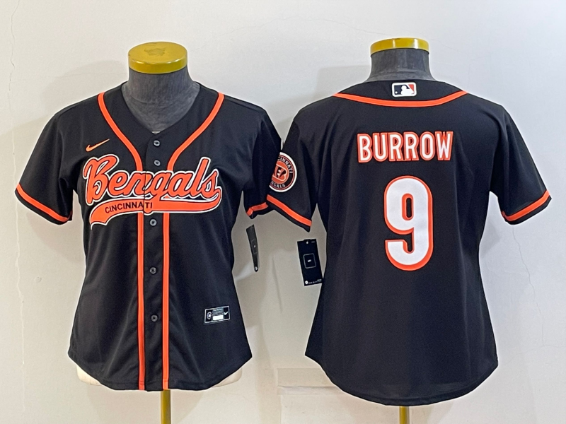 Women's Cincinnati Bengals #9 Joe Burrow Black With Patch Cool Base Stitched Baseball Jersey