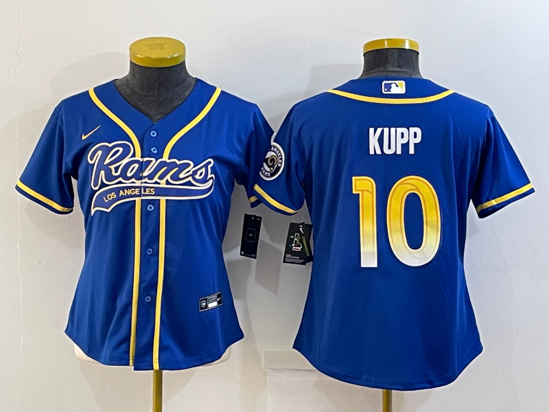 Women's Los Angeles Rams #10 Cooper Kupp Royal With Patch Cool Base Stitched Baseball Jersey