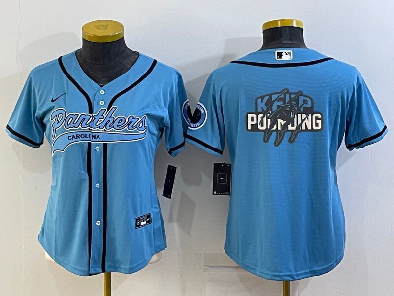 Women's Carolina Panthers Blue Team Big Logo With Patch Cool Base Stitched Baseball Jersey