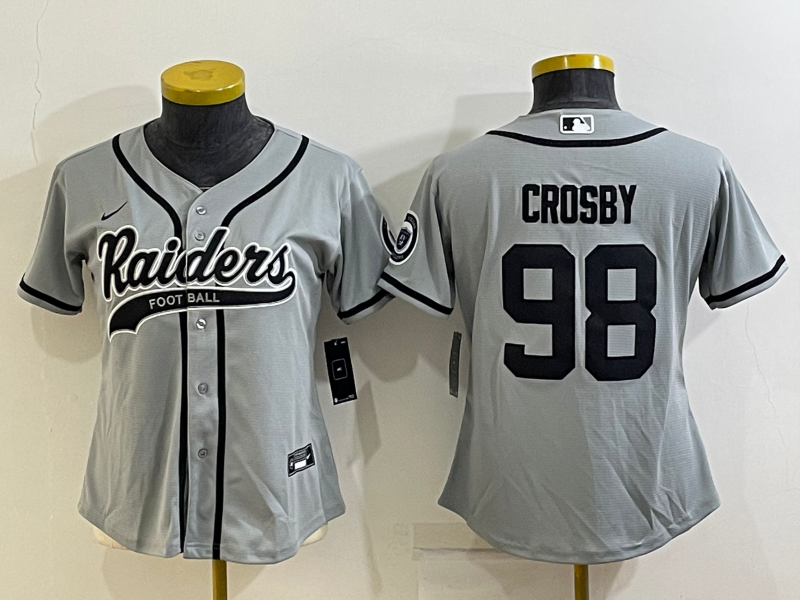 Women's Las Vegas Raiders #98 Maxx Crosby Grey With Patch Cool Base Stitched Baseball Jersey