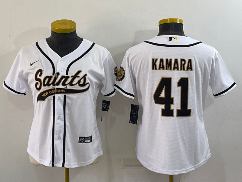 Women's New Orleans Saints #41 Alvin Kamara White With Patch Cool Base Stitched Baseball Jersey