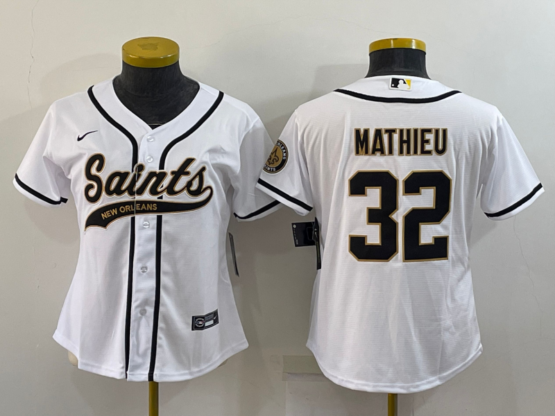 Women's New Orleans Saints #32 Tyrann Mathieu White With Patch Cool Base Stitched Baseball Jersey