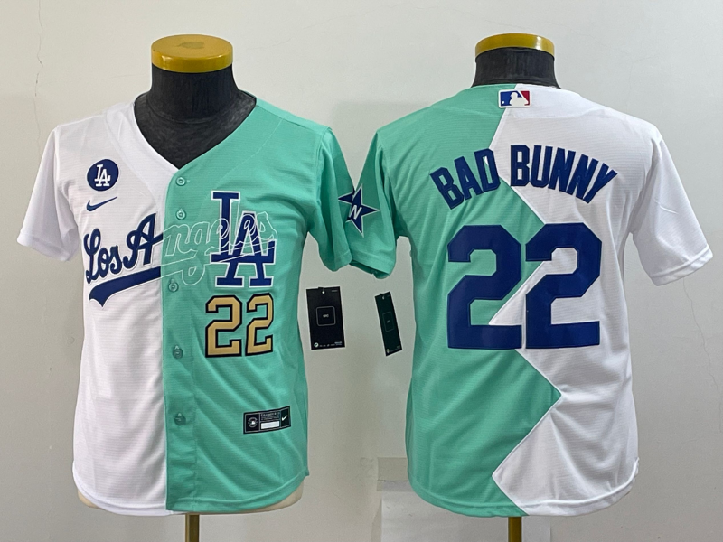 Youth Los Angeles Dodgers #22 Bad Bunny White Green Two Tone 2022 Celebrity Softball Game Cool Base Jersey2