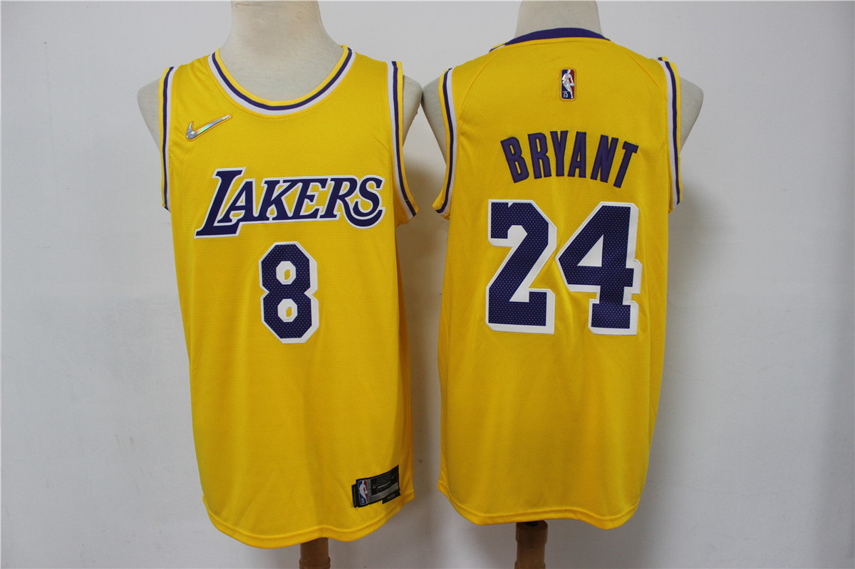 Men's Los Angeles Lakers #8 #24 Kobe Bryant Yellow 75th Anniversary Diamond 2021 Stitched Jersey