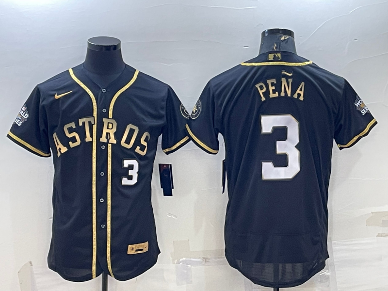 Men's Houston Astros #3 Jeremy Pena Number Black Gold 2022 World Series Stitched Flex Base Nike Jersey