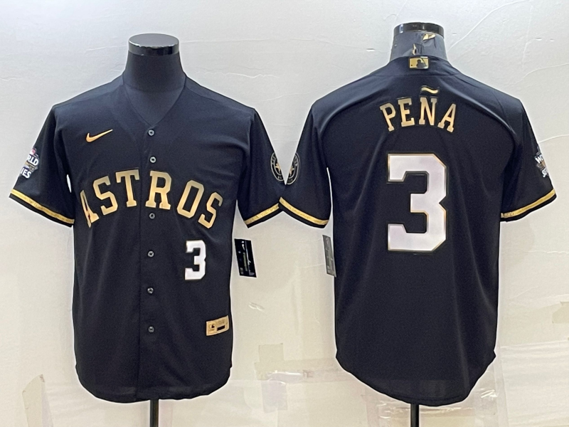 Men's Houston Astros #3 Jeremy Pena Number Black Gold 2022 World Series Stitched Baseball Jersey