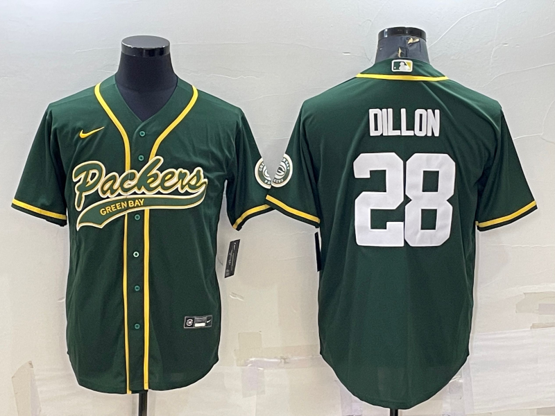 Men's Green Bay Packers #28 AJ Dillon Green With Patch Cool Base Stitched Baseball Jersey