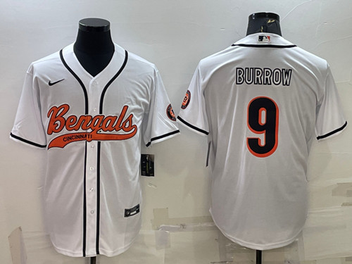 Men's Cincinnati Bengals #9 Joe Burrow White With Patch Cool Base Stitched Baseball Jersey