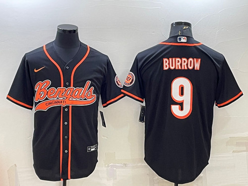 Men's Cincinnati Bengals #9 Joe Burrow Black With Patch Cool Base Stitched Baseball Jersey