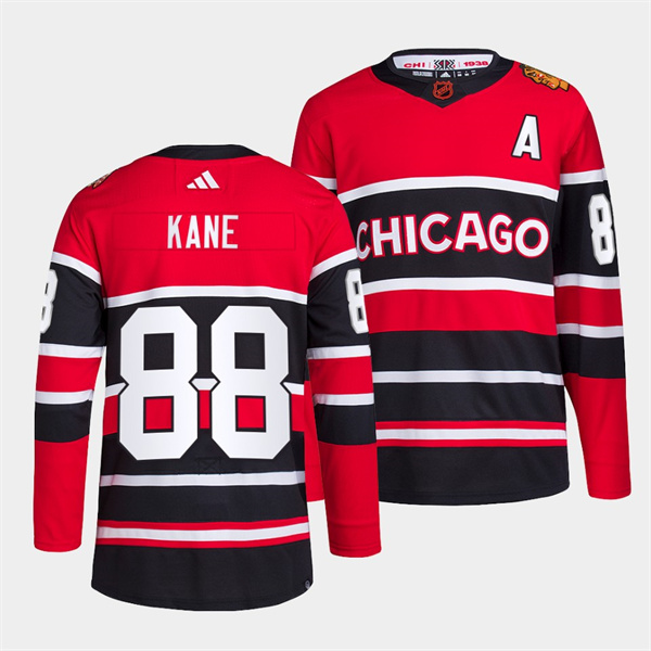 Men's Chicago Blackhawks #88 Patrick Kane Red Black 2022 Reverse Retro Stitched Jersey