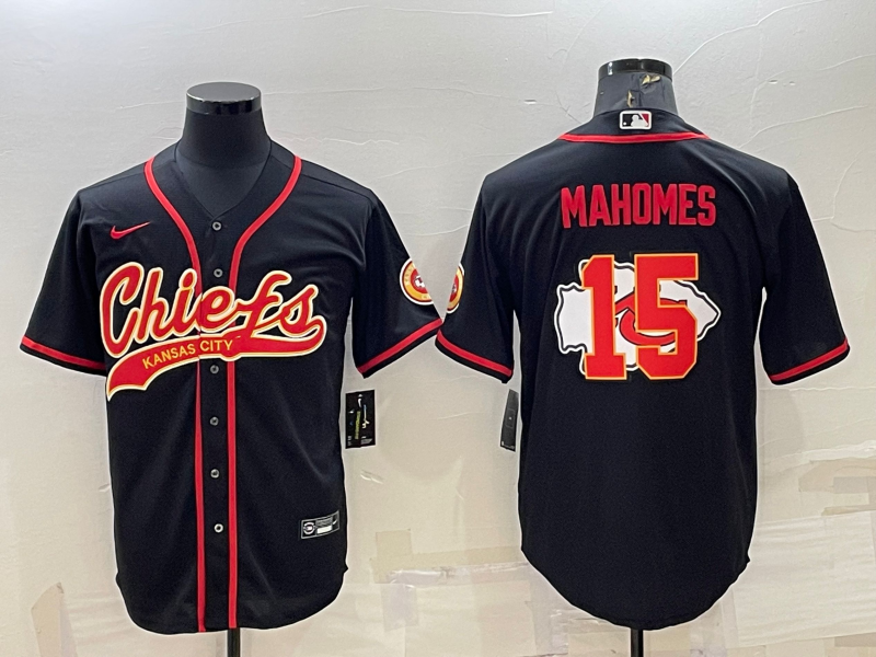 Men's Kansas City Chiefs #15 Patrick Mahomes Black Team Big Logo With Patch Cool Base Stitched Baseball Jersey