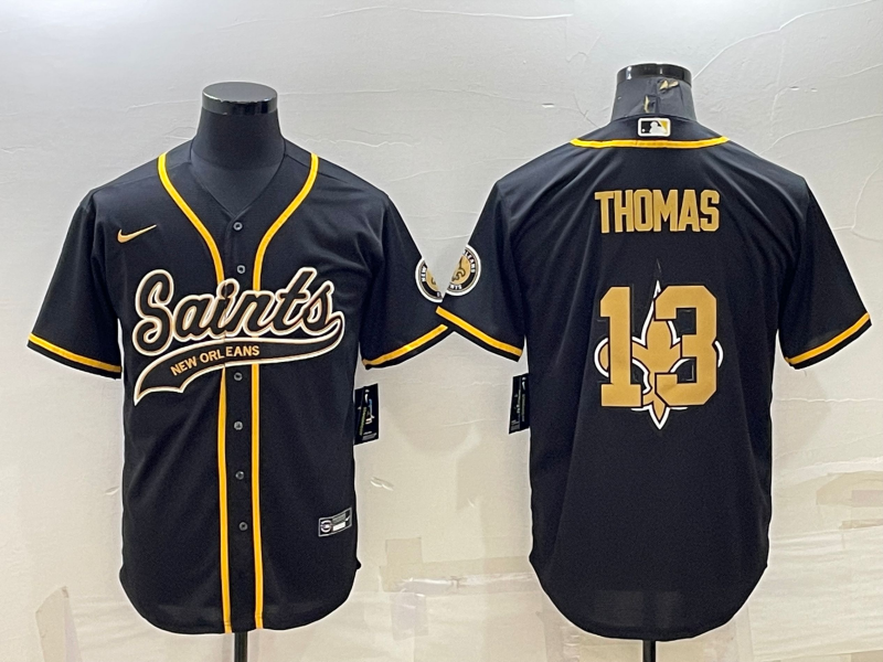 Men's New Orleans Saints #13 Michael Thomas Black Team Big Logo With Patch Cool Base Stitched Baseball Jersey