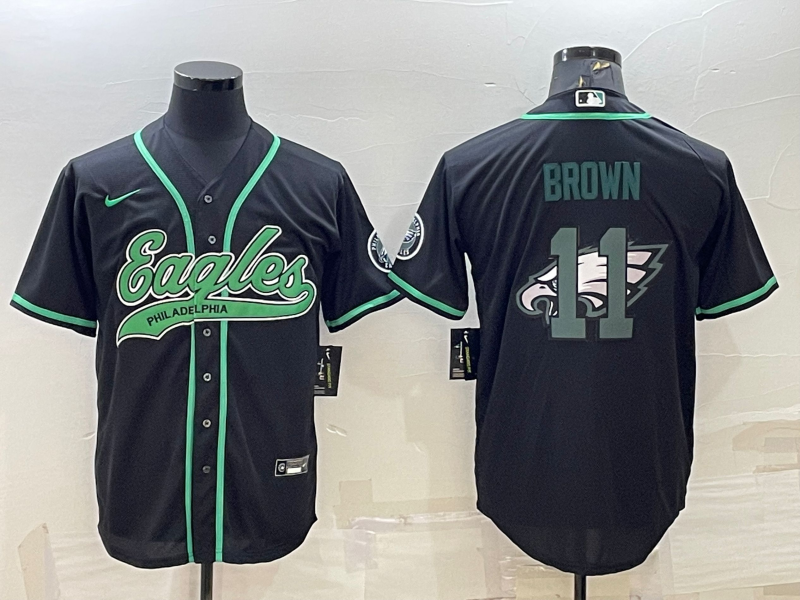 Men's Philadelphia Eagles #11 AJ Brown Black Team Big Logo With Patch Cool Base Stitched Baseball Jersey