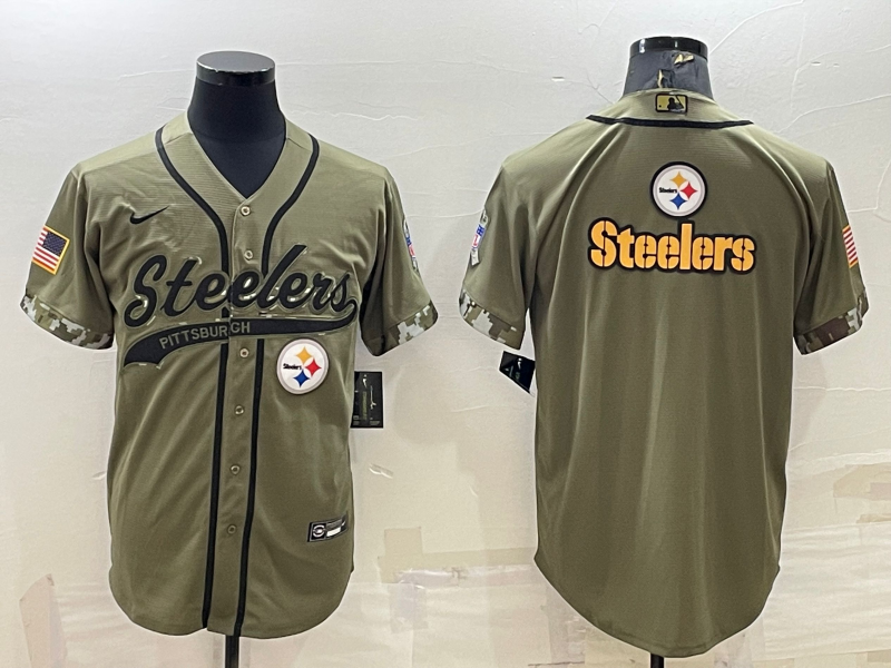 Men's Pittsburgh Steelers Blank Olive Salute to Service Team Big Logo Cool Base Stitched Baseball Jersey