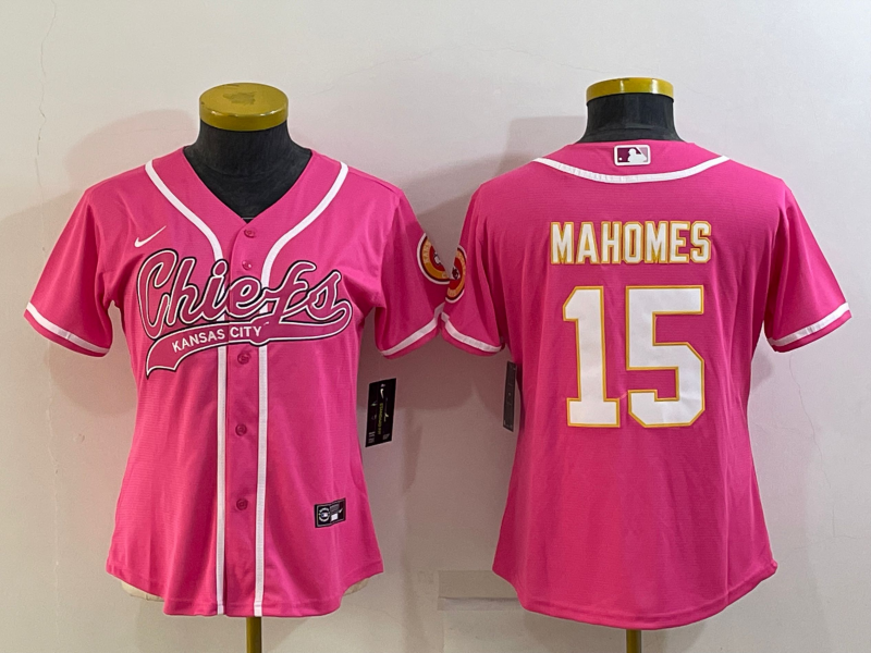 Women's Kansas City Chiefs #15 Patrick Mahomes Pink White With Patch Cool Base Stitched Baseball Jersey