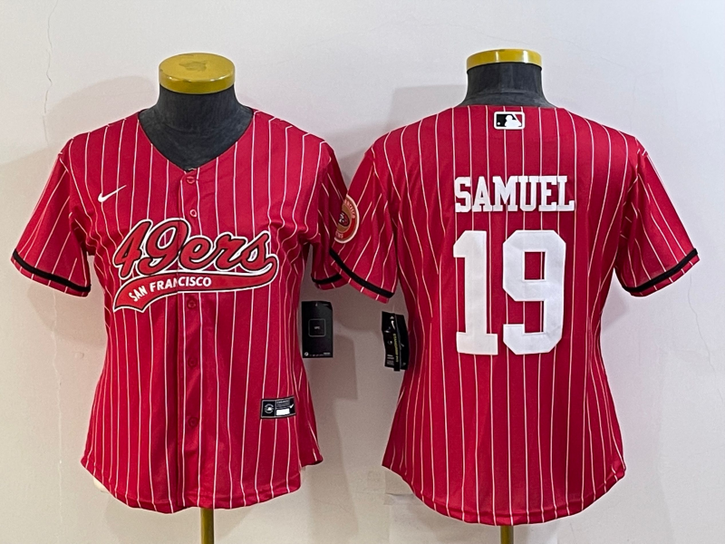 Women's San Francisco 49ers #19 Deebo Samuel Red Pinstripe With Patch Cool Base Stitched Baseball Jersey