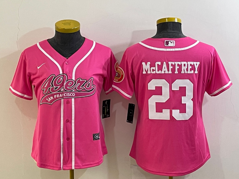 Women's San Francisco 49ers #23 Christian McCaffrey Pink With Patch Cool Base Stitched Baseball Jersey